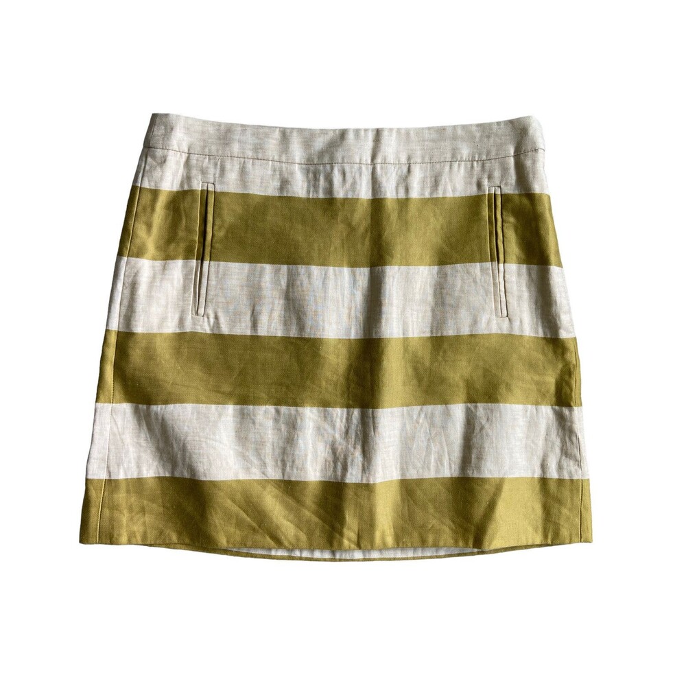 J Crew Womens Linen Rugby Stripe Mini Skirt‎ Size 0 Green Preppy Academia Beach